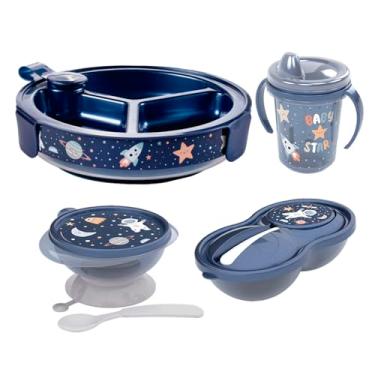 Imagem de Plasútil Kit Alimentação Bebê Astronauta, 4 Peças, Prato Térmico com Ventosa, Tigela 240ml, Pote 320ml, Caneca 330ml, Azul