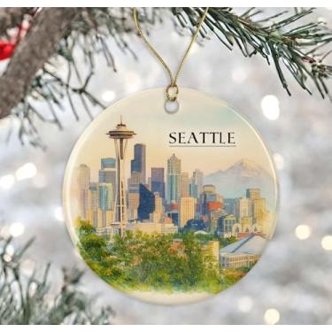 Imagem de Enfeite de aquarela Seattle Washington – Lembrança de Natal de cerâmica – Aniversário de lua de mel – Lembrança de viagem – Presente de inauguração de casa – Presente para amantes de Seattle impresso