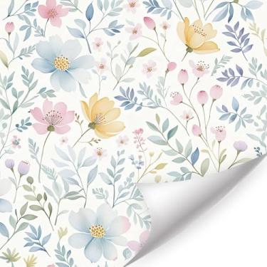Imagem de LHIUEM Papel de parede rosa floral aquarela, adesivos de parede autoadesivos de margaridas coloridos, papel de parede botânico de flores adoráveis para quarto, sala de estar, berçário, decoração de
