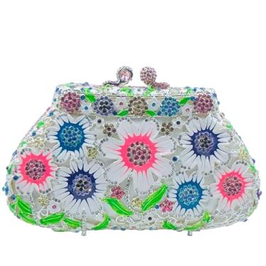 Imagem de Boutique De FGG Bolsa feminina floral para noite com strass, bolsa clutch de cristal floral para casamento, formatura, mini, Branco, verde, Mini