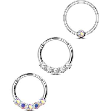 Imagem de OUFER 3 peças de joias de septo, piercing de septo de aço cirúrgico 316L, anéis de septo AB CZ transparente 16G, segmento articulado Daith Helix cartilagem brincos para mulheres e homens