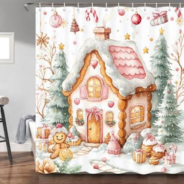 Imagem de Linda cortina de chuveiro de Natal rosa para casa de gengibre, floresta de inverno, árvore de Natal, desenho animado de floco de neve, decoração de banheiro, feliz ano novo, cortina de banho de tecido