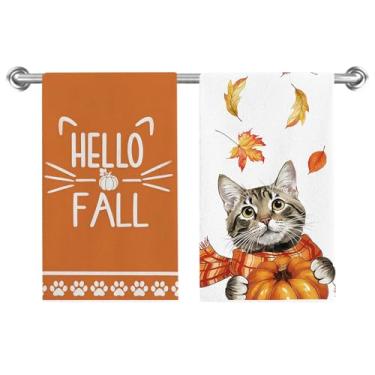 Imagem de Conjunto de 2 toalhas de prato Hello Fall com folhas de abóbora, 45 x 66 cm, panos de prato de secagem sazonais de outono para cozinha, banheiro, decoração de casa