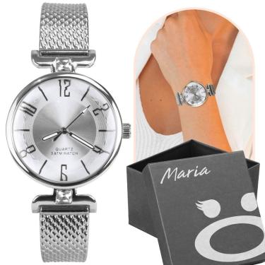 Imagem de Relogio Feminino Prata Silicone Aço Inox Prova Dagua + Caixa Pulseira Ajustavel Strass...