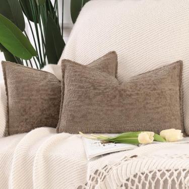 Imagem de Madizz Pacote com 2 capas de almofada de veludo chenille 30 x 50 cm cinza-acastanhado macio neutro decorativo fronhas boho para sofá sofá decoração de casa de fazenda moderna