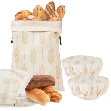 Imagem de LAKE OF FIRE Sacos de pão, 2 sacos reutilizáveis de armazenamento de alimentos de TPU com 2 tampas de tigela, organizador de cozinha compacto para assar/acampar (bege + trigo)