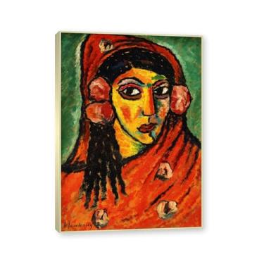 Imagem de NHLDZYH Moldura de champanhe. Impressões de arte Alexej von Jawlensky - Pintura de retrato - (menina com um lenço vermelho) - Pôster de decoração de parede vintage. 50 x 70 cm - 19,6 x 27,5 pol