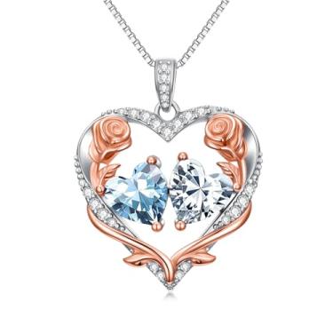Imagem de Zoeniya Colar de coração rosa, presente para mulheres, banhado a ouro branco 18 k, pedra do mês de nascimento de 12 meses, presente de aniversário e Natal para sua esposa, namorada, 25mm, base