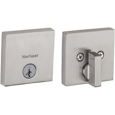 Imagem de Kwikset Fechadura de porta de cilindro único contemporâneo, quadrada, discreta, fina, moderna, contemporânea, de perfil baixo, com segurança SmartKey em níquel acetinado
