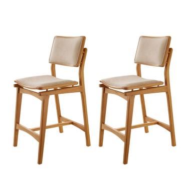 Imagem de Kit 2 Banquetas Alta Eva Moderno Madeira Assento Linho Altura 100 cm Linho Off e Imbuia Natural Moderna