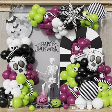 Imagem de Enanal Kit de arco de balão de Halloween com 172 peças - Balões de látex roxo verde preto e branco com caveira/estrela explosiva xadrez/balões redondos listrados para festa de Halloween, decorações de