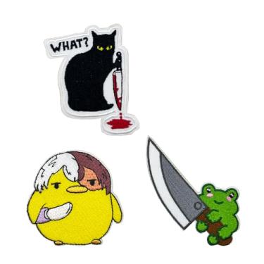 Imagem de Cute Animal Knife Meme autoadesivo bordado pacote de remendos – Inclui pato, gato preto e sapo segurando faca