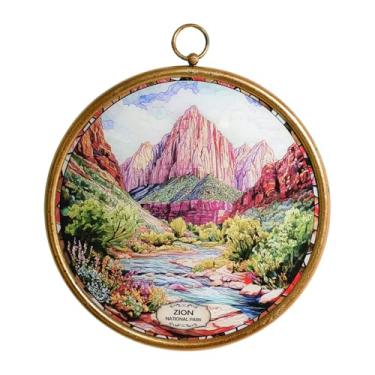 Imagem de WREVERW Tapeçaria de parede vintage do Parque Nacional de Zion, arte acrílica redonda em estilo vitral falso com moldura de metal, arte de parede Red Rock Canyon para entrada de quarto e sala de estar