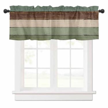 Imagem de Cortina de sanefa de madeira marrom verde para janelas de cozinha, cortina de listras vintage abstrata casa de fazenda tratamento de janela sanefa bolso de varão para quarto/sala de estar/banheiro
