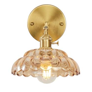 Imagem de YJQHXY Candeeiro de cabeceira de vidro âmbar estilo industrial com soquete de latão compatível com lâmpadas E26/E27 110V/120V arandela de parede com fio com interruptor