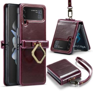 Imagem de Capa de telefone para Samsung Galaxy Z Flip 6 5 4 5G Flip6 Flip5 Capa protetora de couro com anel e alça, vinho tinto, para Galaxy Z Flip 3