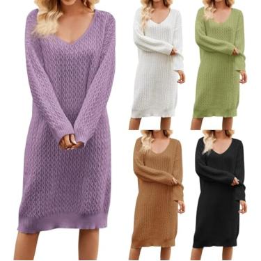 Imagem de Mulheres Vestido De Lã Manga Longa Decote Em V Outono Inverno Vestido Jumper Preto Branco Ajuste Largo Casual Midi Longo Vestido Pulôver Vestido De Inverno Para Mulheres, Brown, L