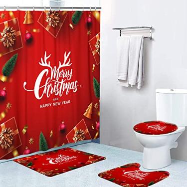 Imagem de LOKMU Conjuntos de 4 Peças de Cortinas de Chuveiro com Tapetes Antiderrapantes, Tampa de Vaso Sanitário e Tapete de Banho, Cortina de Chuveiro À Prova D'Água Feliz Natal com 12 Gan(72" X 72", Natal 5)