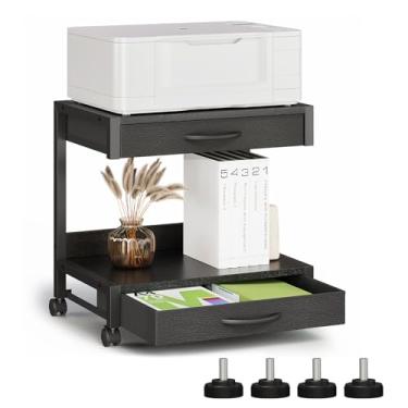 Imagem de VENNQD Suporte de impressora de mesa de 2 níveis com 2 gavetas de tecido, mesa de impressão com prateleira de armazenamento, organizador de mesa para escritório doméstico, impressora 3D, fax, scanner