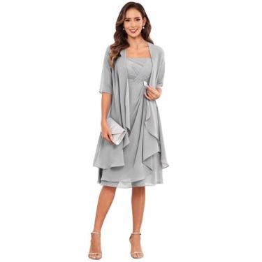 Imagem de Vestido Homiily Mother of the Groom prateado com mangas tamanho 14