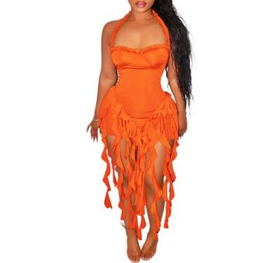 Imagem de Vestido Ecirod Summer Ruffle Fringe Halter sem encosto laranja