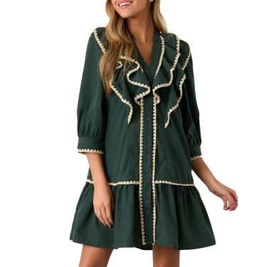 Imagem de Vestido YEXPINE Ruffle, minivestido, manga curta, botão, verde