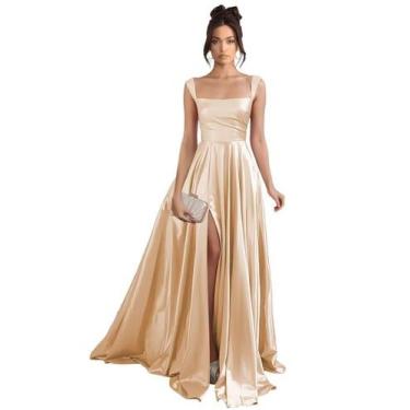 Imagem de Vestido de formatura Stylefun, champanhe, gola quadrada, cetim plissad