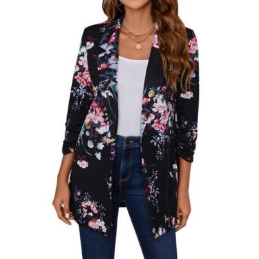 Imagem de Blazer feminino Unifizz com botões frontais, manga 3/4, floral, preto-