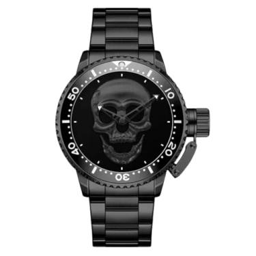 Imagem de Relógio de Pulso Masculino com Design de Caveira Dourada, Pulseira em Aço Inoxidável Preto, Mostrador Analógico (Preto)