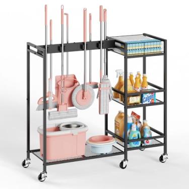 Imagem de Suporte para vassoura e esfregão – Armário de armazenamento de armário de vassoura com organizador de suprimentos de limpeza, esfregão de vassoura e suprimentos de limpeza, carrinho de limpeza 2 em 1