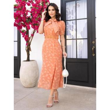 Imagem de Vestido Midi Feminino Rodado Chiffon Texturizado Decote V Manga Curta 