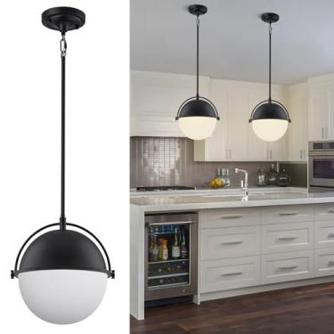 Imagem de LOZOHOM Luminárias Pendentes Globo Pretas De 11,4 Polegadas, Luzes Meados Do Século, Ilha Cozinha Com Cúpula Vidro Leitoso, Haste Ajustável, 1 Luminária Para Sala Jantar