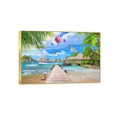 Imagem de Impressão em tela de paisagem - Imagem moderna de arte de parede da natureza - Ponte da praia do mar - Pôster com moldura dourada para decoração de casa de banho 20 x 30 cm 8 x 12 pol