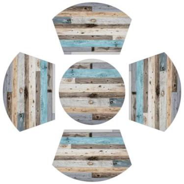 Imagem de Jogo americano de textura de madeira para mesas redondas, conjunto de 5, tapete de mesa em forma de cunha de madeira com tapete de centro redondo lavável resistente ao calor tapetes de mesa de jantar