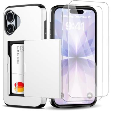 Imagem de Benbenjaytek Capa carteira para iPhone com suporte para cartão + 2 protetores de tela de vidro temperado à prova de choque com compartimento oculto para cartão, capa fina feminina e masculina (branca)