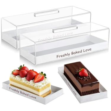 Imagem de Suporte de bolo com tampa, pacote com 2, elegantes suportes de exibição de sobremesa com capa de acrílico e gravação "Freshly Baked Love", bandeja de servir retangular para cozinha, festa, charcutaria