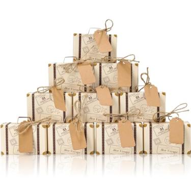 Imagem de VGOODALL 50 peças mini caixa de lembrancinhas de mala para lembrancinhas de festa, papel kraft vintage com etiquetas e barbante de serapilheira para decoração de festa temática de casamento/viagem / chá de panela