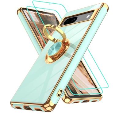 Imagem de Gritup Capa para Google Pixel 7A | 2 peças protetoras de tela | Suporte magnético de rotação de 360° | Revestimento dourado macio TPU protetor básico para Pixel 7A verde claro