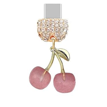Imagem de ELISE & FONDA TP861 Tipo-C porta de carregamento cristal antipoeira plugue grande cereja 3D com pingente de celular glitter para iPhone 15/16/Samsung/OnePlus/Xiaomi/oppo telefones Android (rosa)