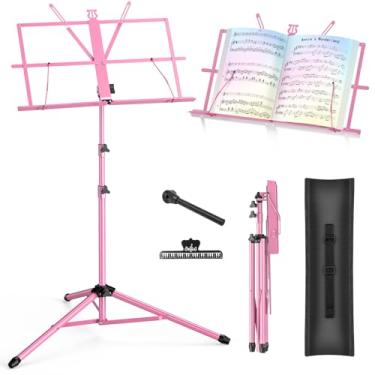 Imagem de Suporte de música New bee dobrável e portátil com bolsa de transporte, suporte de pódio ajustável com base de tripé e pasta de partituras - rosa