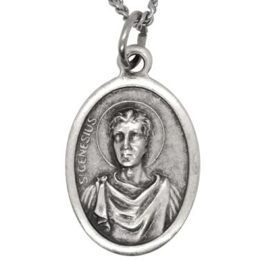 Imagem de Colar de medalha de São Gênio | Pingente prateado na corrente | Santo Padroeiro dos Atores | Inclui Cartão Sagrado | Ótimo presente católico