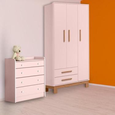 Imagem de Infantil Guarda Ropa Slim 3P 2G e Cômoda Trocador Rosa - Qmovi