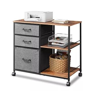 Imagem de SUNESA Suporte de impressão móvel para escritório doméstico com topo de madeira e prateleiras de armazenamento abertas, armário de arquivo com 3 gavetas, suporte para impressora com prateleira de