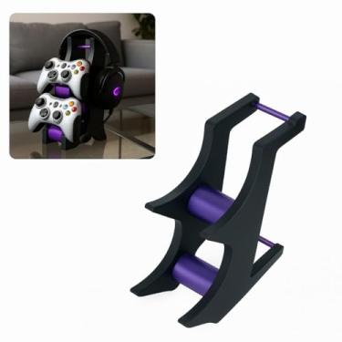 Imagem de Suporte para 2 Controles e Headset Gamer, Design Moderno, Base de Mesa, 21 cm de Altura, Compatível com PS4, PS5, Xbox, Switch Pro (pretoroxo)