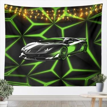 Imagem de meiyoeat Tapeçaria de carro esportivo de velocidade grande 150 x 208 cm cobertor de parede infantil carro de corrida para meninos meninas adolescentes corrida verde arte de parede esportes radicais