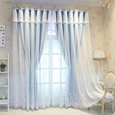 Imagem de Cortina blecaute de camada dupla bordada blackout voile em camadas painel de cortina sólida, para quarto de menina, isolamento térmico, cortina sombreada de deck duplo, topo com ilhós, 1 peça, azul L