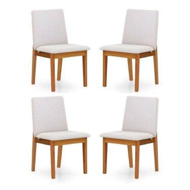 Imagem de Kit 4 Cadeiras para Sala de Jantar Estofada Madeira Maciça Cecília Bege Claro