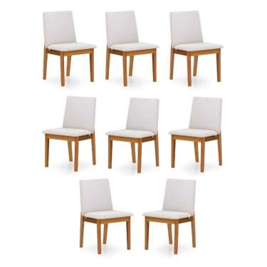 Imagem de Kit 8 Cadeiras para Sala de Jantar Estofada Madeira Maciça Cecília Bege Claro
