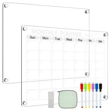Imagem de IK Conjunto de calendário magnético acrílico transparente planejamento quadro em branco apagável a seco com 6 canetas marcadoras, suporte de caneta, toalha reutilizável, planejador mensal/semanal para