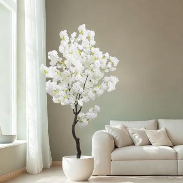 Imagem de Flor de cerejeira branca artificial grande, 183 cm, planta verde sintética para decoração de interiores, árvore em vaso natural, flores de cerejeira realistas, tronco de madeira para casa, sala de